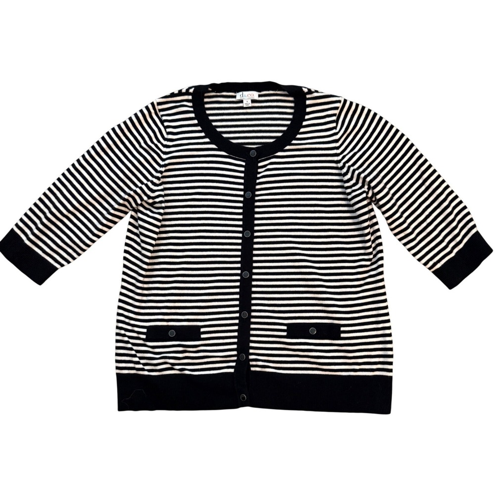 Denim & Co Striped Cardigan Women 1X Black White 3/4 Sleeve Button Front Sweater